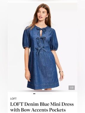 LOFT Denim Mini Dress with Bow Ties - Blue